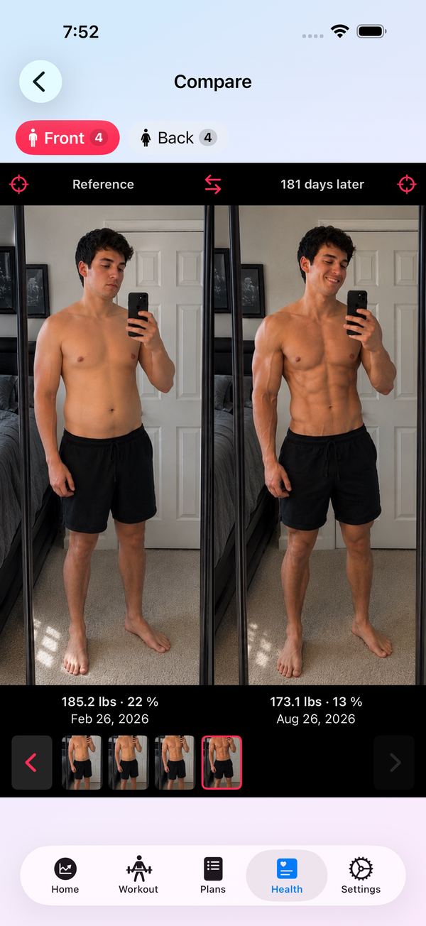 Side-by-side private progress photo comparison