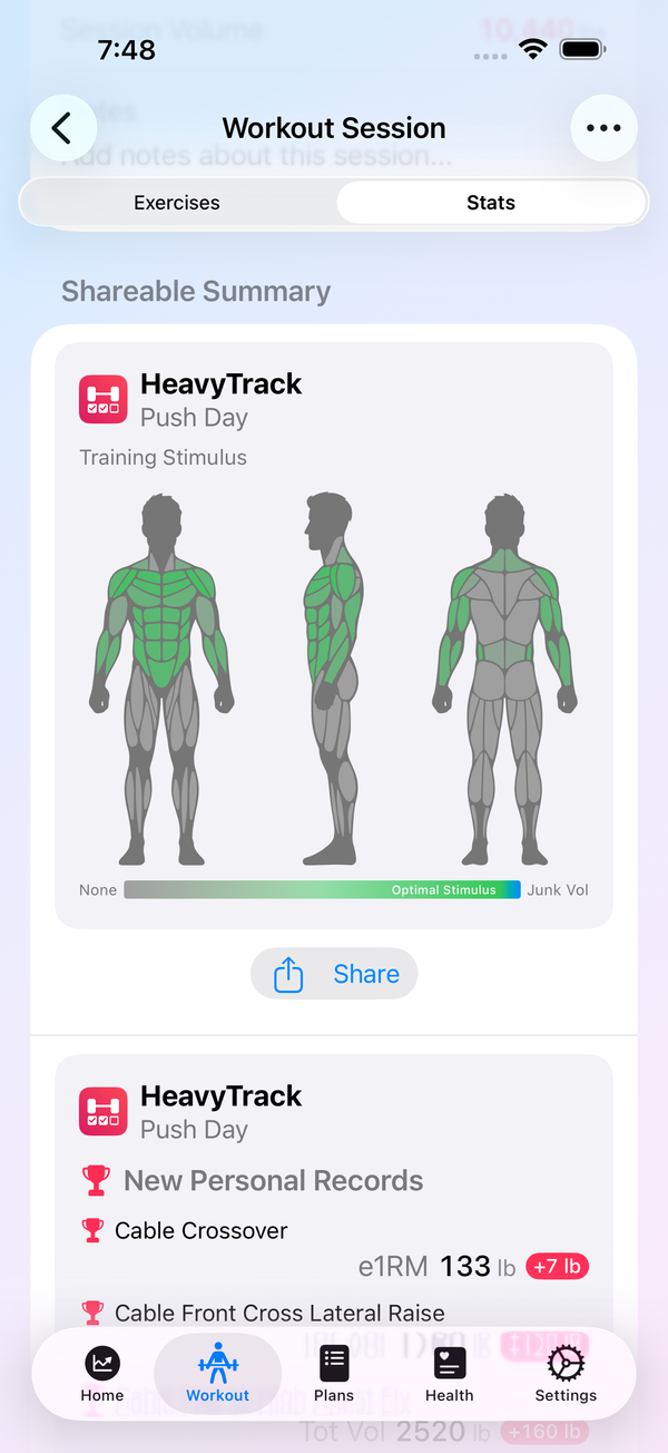Live workout session tracking weights, sets and reps