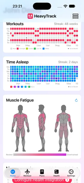 The HeavyTrack Home tab showing a color-coded Muscle Fatigue body map below the workout and sleep charts.