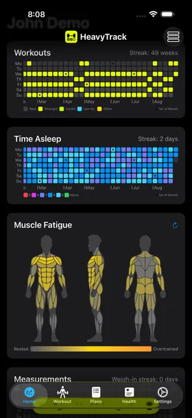 The HeavyTrack Home tab showing a color-coded Muscle Fatigue body map below the workout and sleep charts.