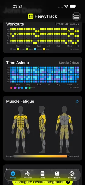 The HeavyTrack Home tab showing a color-coded Muscle Fatigue body map below the workout and sleep charts.