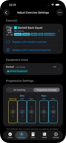 The Adjust Exercise Settings screen, with the Progression Settings section set to Progressive Overload and pickers for warmup, min and max sets, and min and max reps.