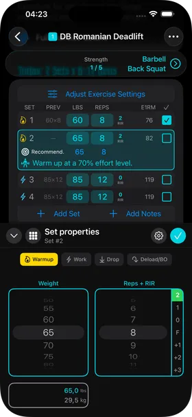 Set 2 highlighted, recommending 65 lbs for 8 reps with the note 'Warm up at a 70% effort level.'
