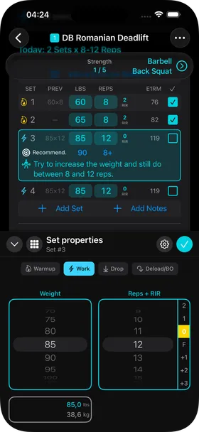 Set 3 highlighted, recommending 90 lbs for 8+ reps with the note 'Try to increase the weight and still do between 8 and 12 reps.'