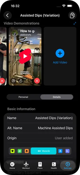 The user-added Assisted Dips variation on its Details tab, with editable exercise information and an Add Video button.