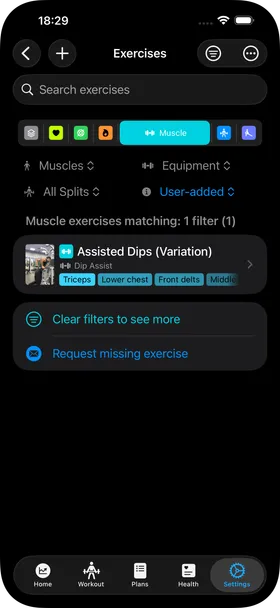 The Exercises list filtered by the User-added origin, showing one custom Assisted Dips variation.