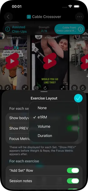 The Exercise Layout settings sheet with the Focus Metric picker open, showing None, e1RM, Volume and Duration.
