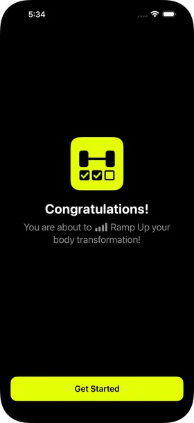The first onboarding screen: the HeavyTrack logo, 'Congratulations! You are about to Ramp Up your body transformation!' and a Get Started button.