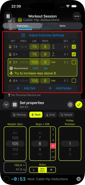 A Set List outlined in red in the Workout Session View, showing four set rows, an Adjust Exercise Settings button, and Add Set and Add Notes buttons.