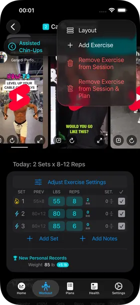 The Workout Exercise View showing set rows with the pulley position setting column, with the ... menu open.