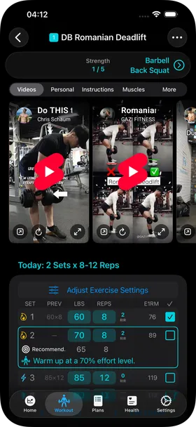 The Workout Exercise View for DB Romanian Deadlift, showing the Videos tab above the Today section.