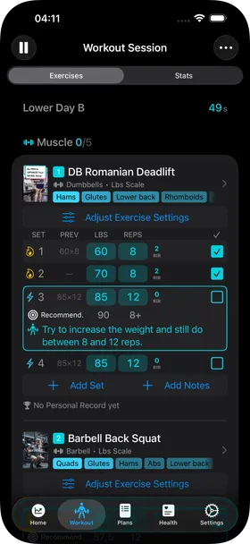 The Workout Session view listing the exercises of Lower Day B, each with its set rows.
