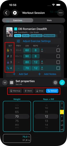 A set list whose SET column shows a different icon per row — flame, bolt, down arrow, return arrow — and below it the Set properties sheet with Warmup, Work, Drop and Deload buttons, both areas outlined in red.
